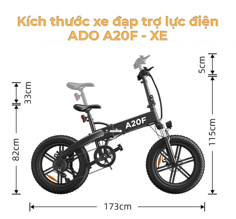 kích thước xe đạp trợ lực điện ADO A20FXE