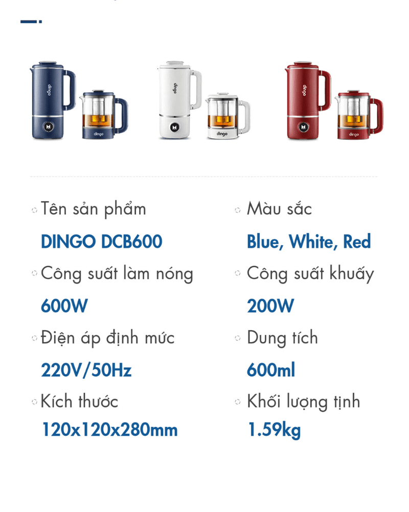 Thông số kỹ thuật của máy xay nấu sữa đa năng DINGO DCB600