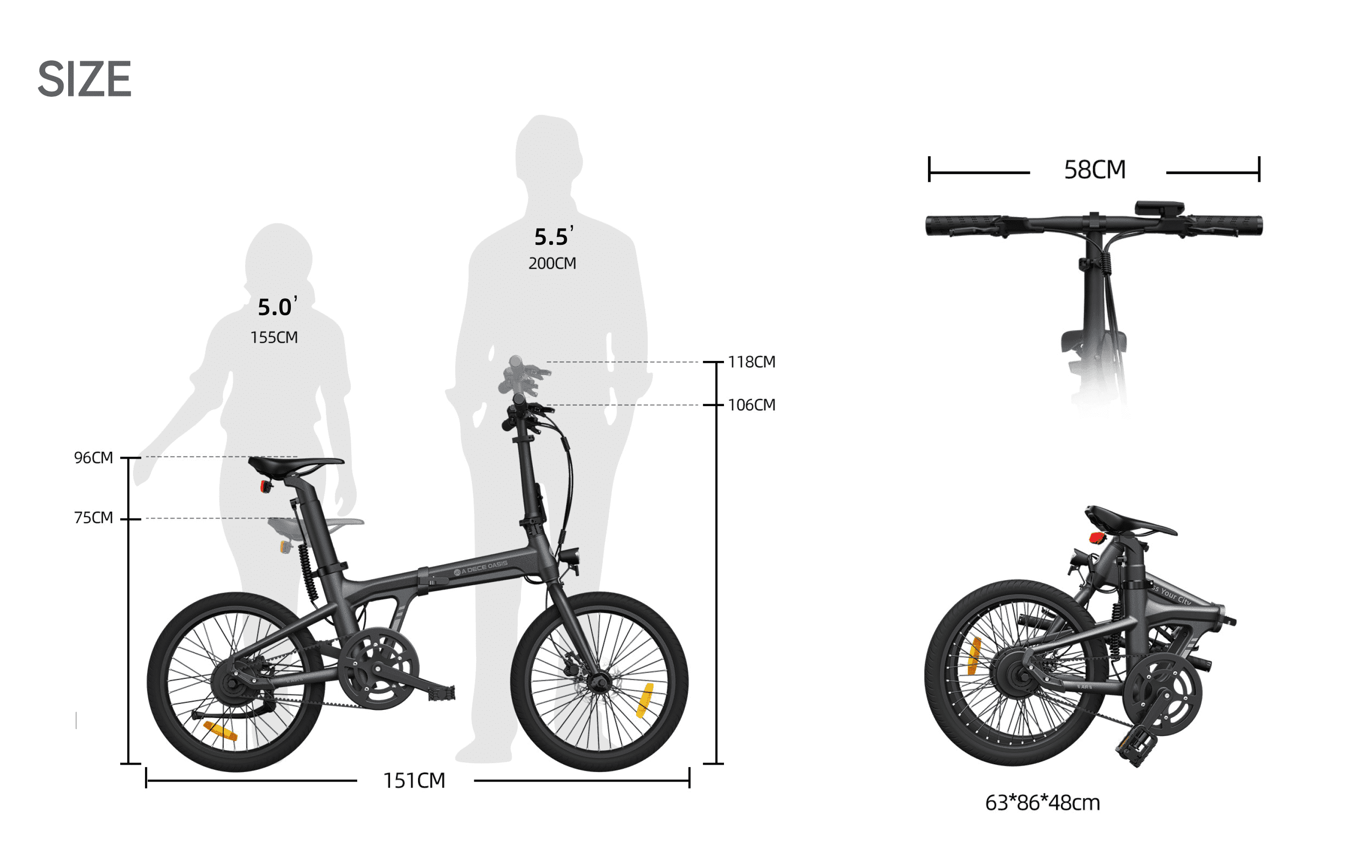 kích thước xe đạp trợ lực điện ADO A20 Lite