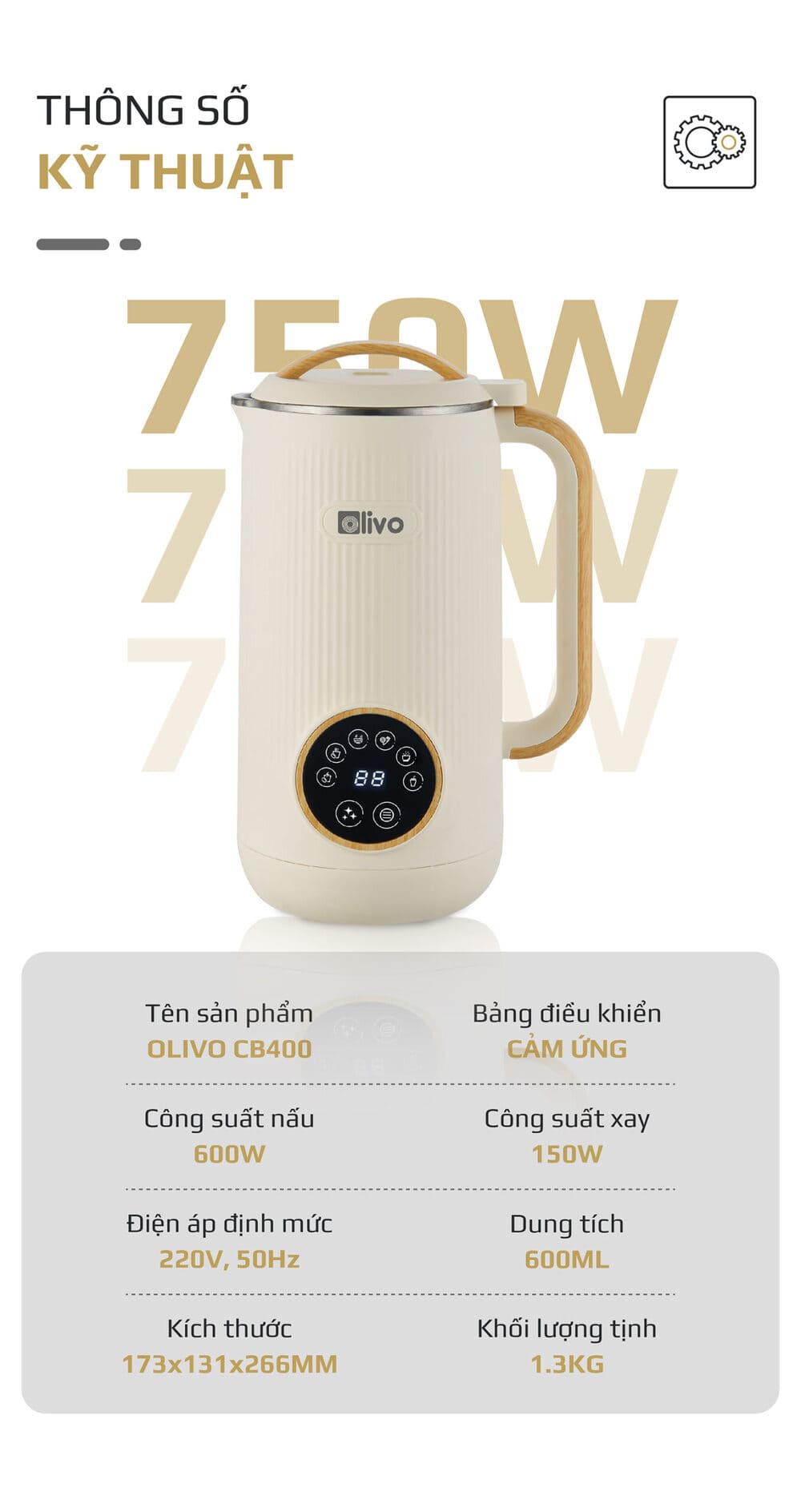 Thông số kỹ thuật máy làm sữa hạt mini Olivo CB400