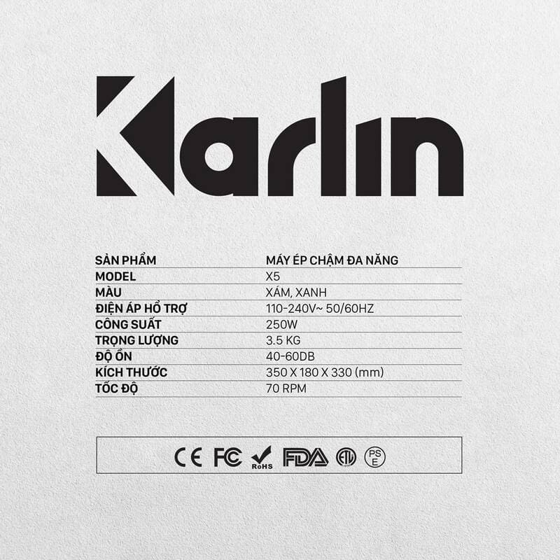 Thông số kỹ thuật máy ép chậm trục ngang Karlin X5